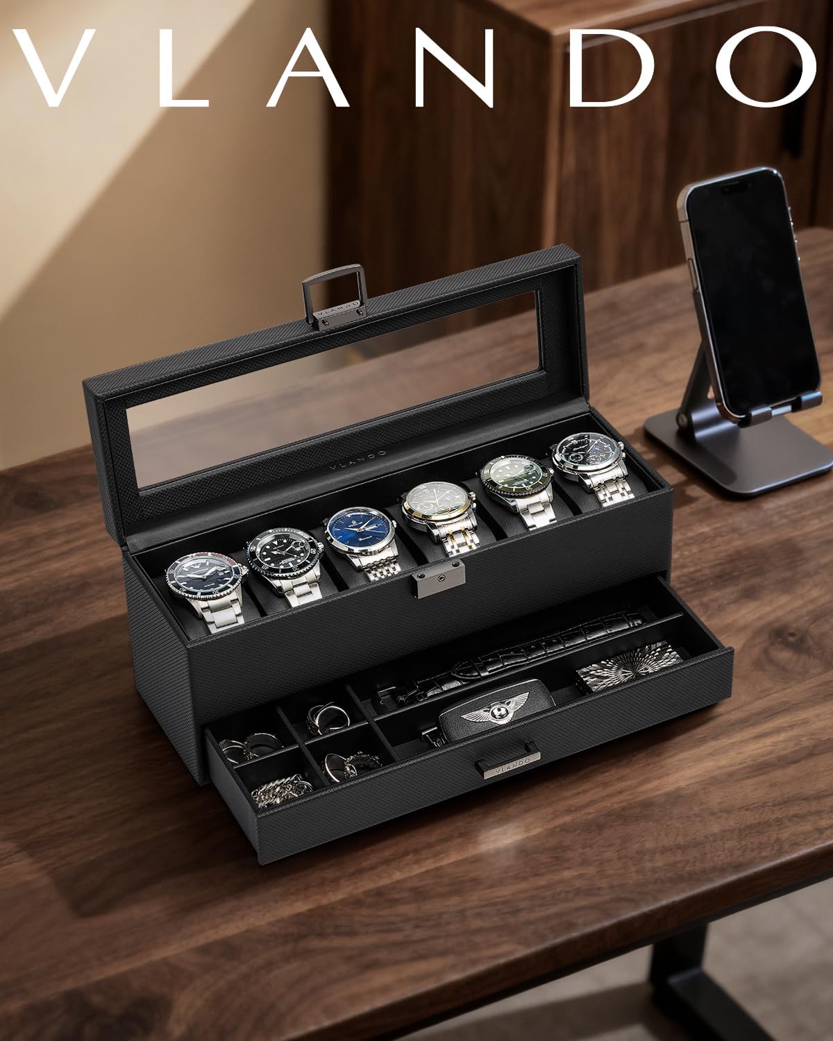 VLANDO 6-Slot Dual-Layer Lockable Watch Box Organizer with Glass Lid