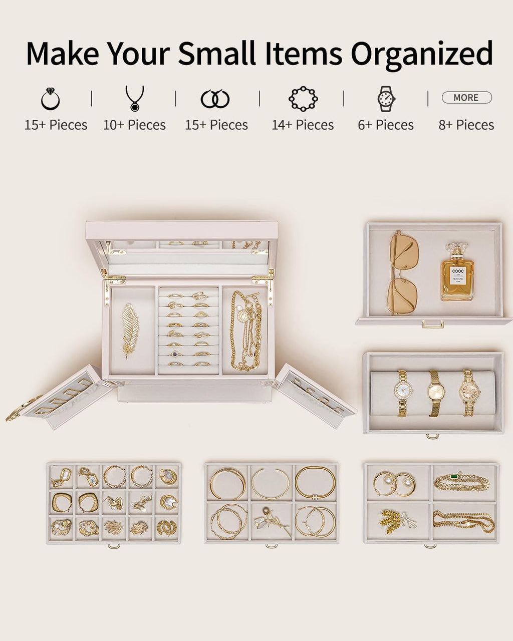 กล่องเครื่องประดับและที่จัดระเบียบขนาดใหญ่ VLANDO Hita Quiet Luxe แบบ 6 ชั้นพร้อมกระจก