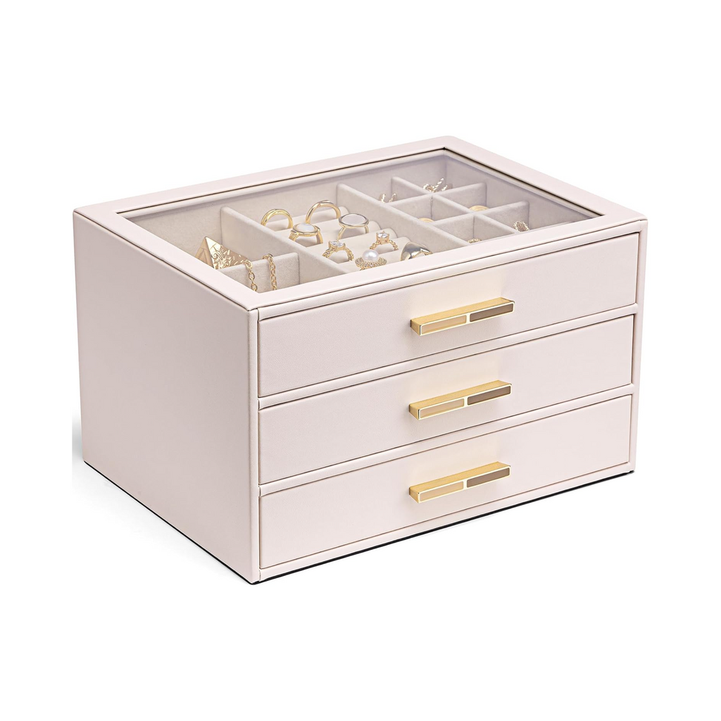 VLANDO Cinderella‑3 drawers Quiet Luxe 3‑Layer Glass Lid Jewelry Box Organizer
