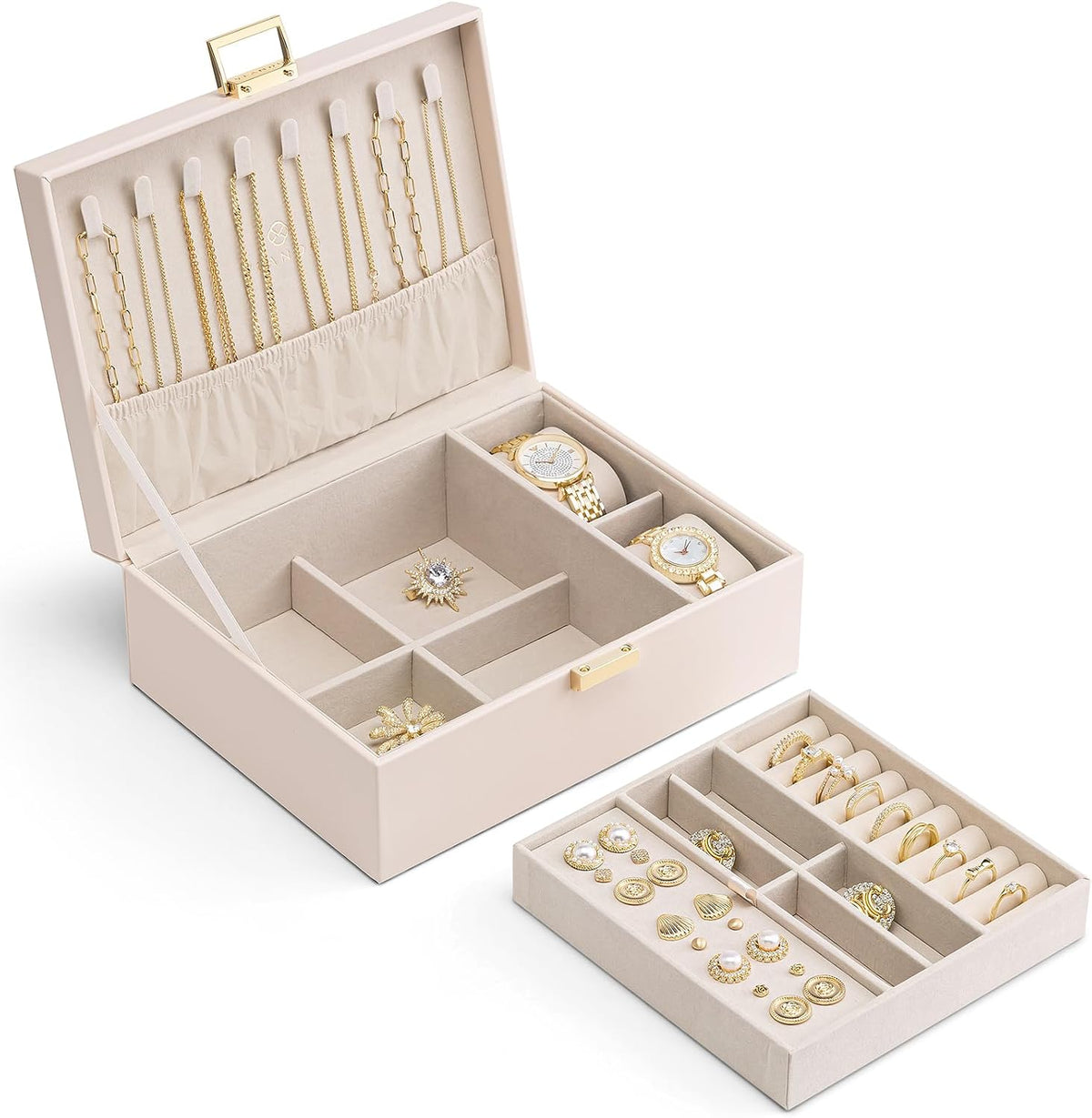 VLANDO Omela Plus Everyday Keepsake 2-Layer Large Leather Jewelry Box Organizer with Removable Tray & Watch Pillow