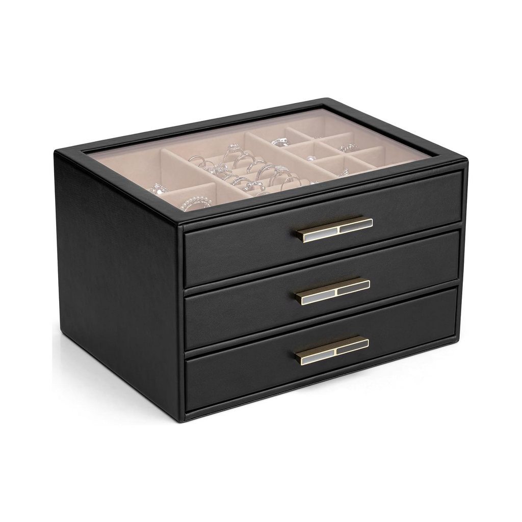 VLANDO Cinderella‑3 drawers Quiet Luxe 3‑Layer Glass Lid Jewelry Box Organizer
