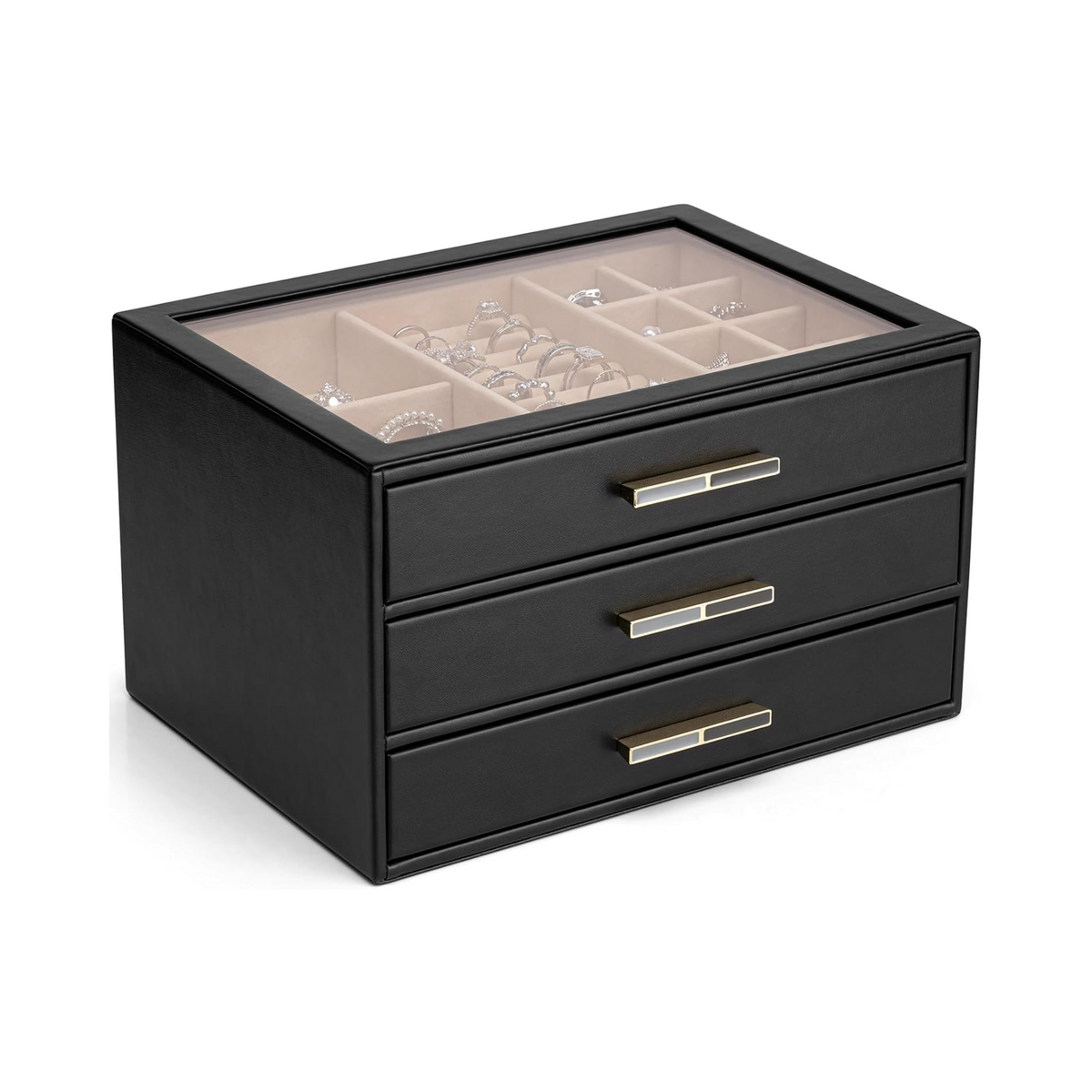 VLANDO Cinderella‑3 drawers Quiet Luxe 3‑Layer Glass Lid Jewelry Box Organizer