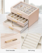 VLANDO Cinderella‑3 drawers Quiet Luxe 3‑Layer Glass Lid Jewelry Box Organizer