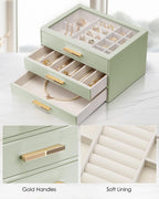 VLANDO Cinderella‑3 drawers Quiet Luxe 3‑Layer Glass Lid Jewelry Box Organizer