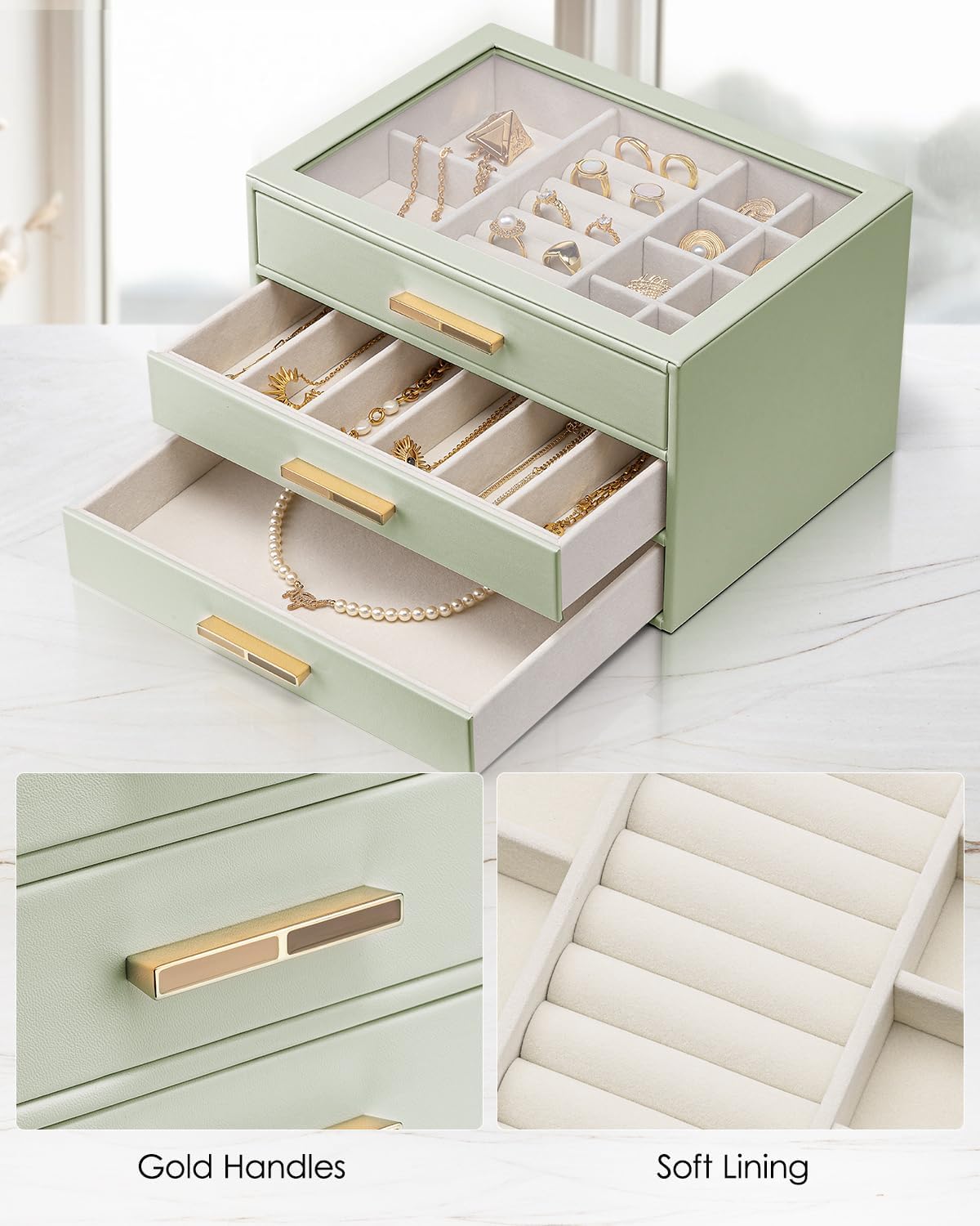 VLANDO Cinderella‑3 drawers Quiet Luxe 3‑Layer Glass Lid Jewelry Box Organizer