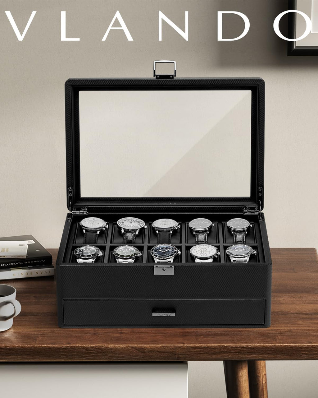 VLANDO lockable watch box, jewelry organization overview for organized storage