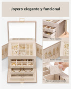 منظم صندوق مجوهرات كبير من VLANDO Quiet Luxe مكون من 4 طبقات مع مرآة وأدراج - حقيبة تخزين مجوهرات جلدية