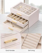 VLANDO Cinderella‑3 drawers Quiet Luxe 3‑Layer Glass Lid Jewelry Box Organizer