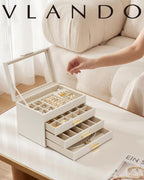 VLANDO Moonlit Mirror 4-Layer Jewelry Box with Glass Lid & Drawers