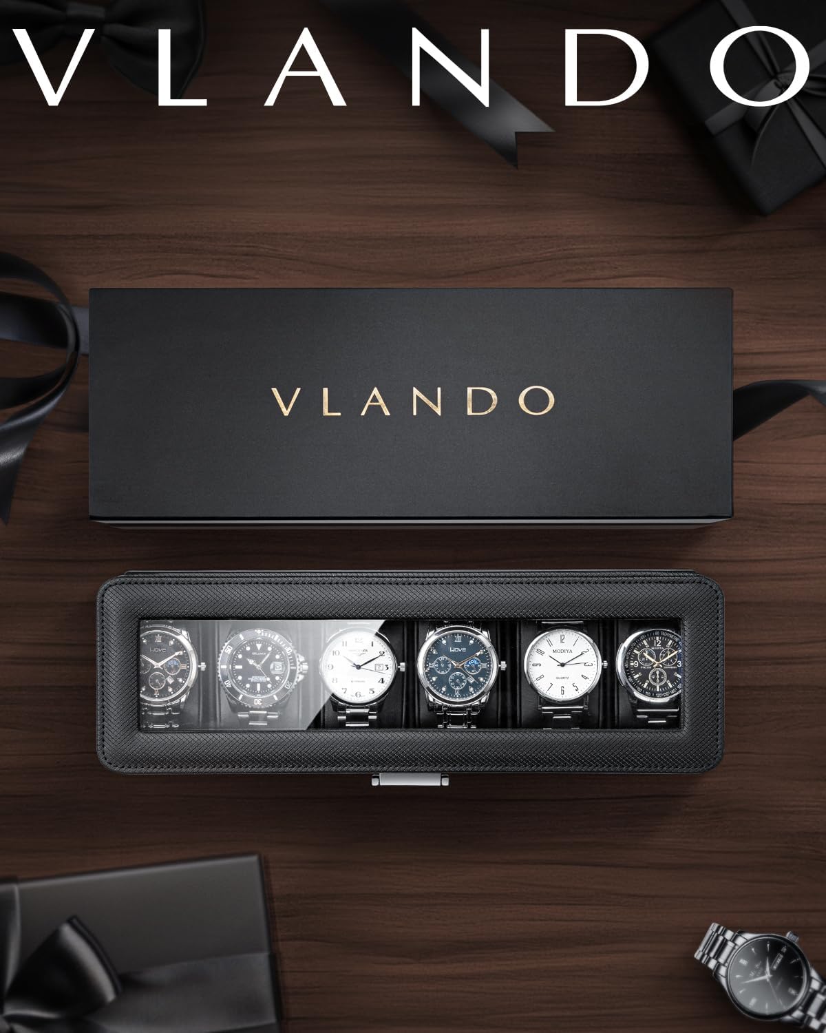 VLANDO 6-Slot Lockable Leather Watch Box with Glass Lid & Soft Pillows