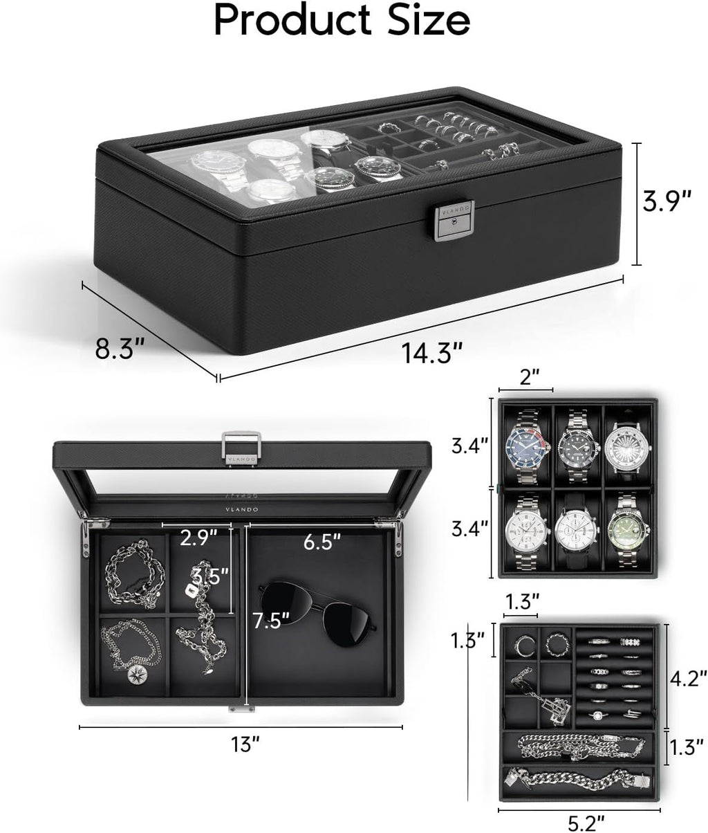 VLANDO Large 6-Slot Lockable Watch Box Organizer with Glass Lid & Accessory Storage
