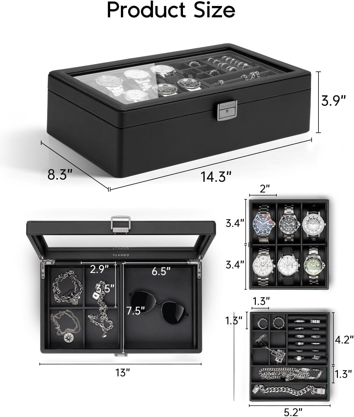 VLANDO Large 6-Slot Lockable Watch Box Organizer with Glass Lid & Accessory Storage