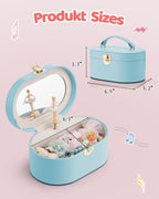 VLANDO Oval Music Box Musical Jewelry Box for Girls – Spinning Ballerina, Soft Faux Leather Kids Jewelry Organizer & Mirror