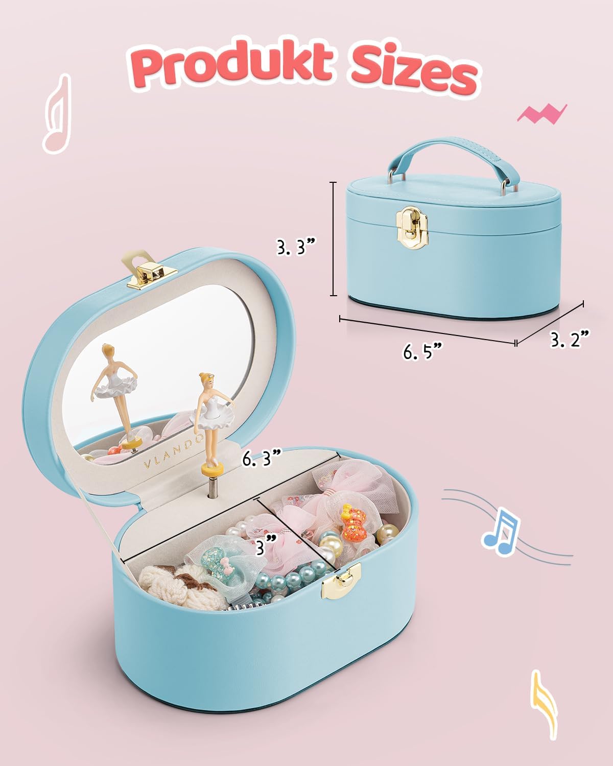 VLANDO Oval Music Box Musical Jewelry Box for Girls – Spinning Ballerina, Soft Faux Leather Kids Jewelry Organizer & Mirror