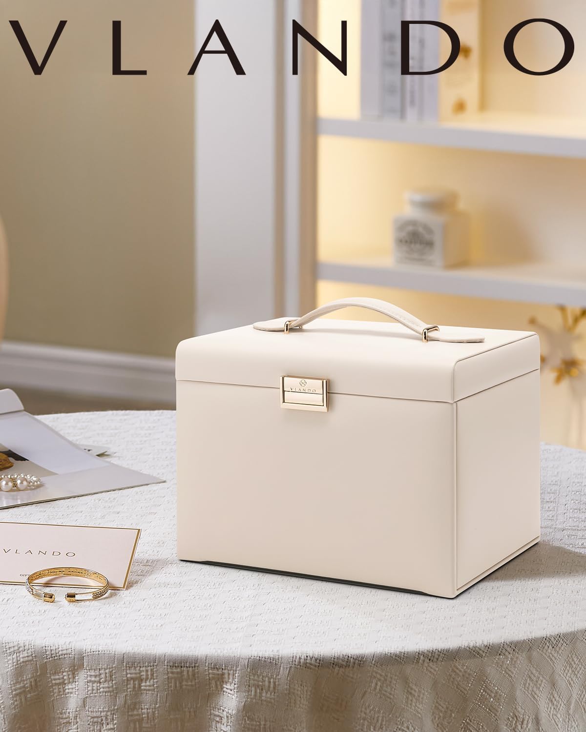 منظم صندوق مجوهرات كبير من VLANDO Quiet Luxe مكون من 4 طبقات مع مرآة وأدراج - حقيبة تخزين مجوهرات جلدية