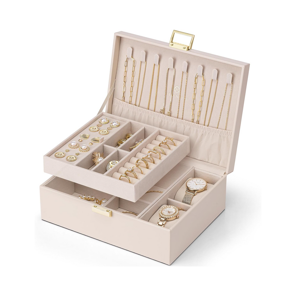 VLANDO Omela Plus Everyday Keepsake 2-Layer Large Leather Jewelry Box Organizer with Removable Tray & Watch Pillow
