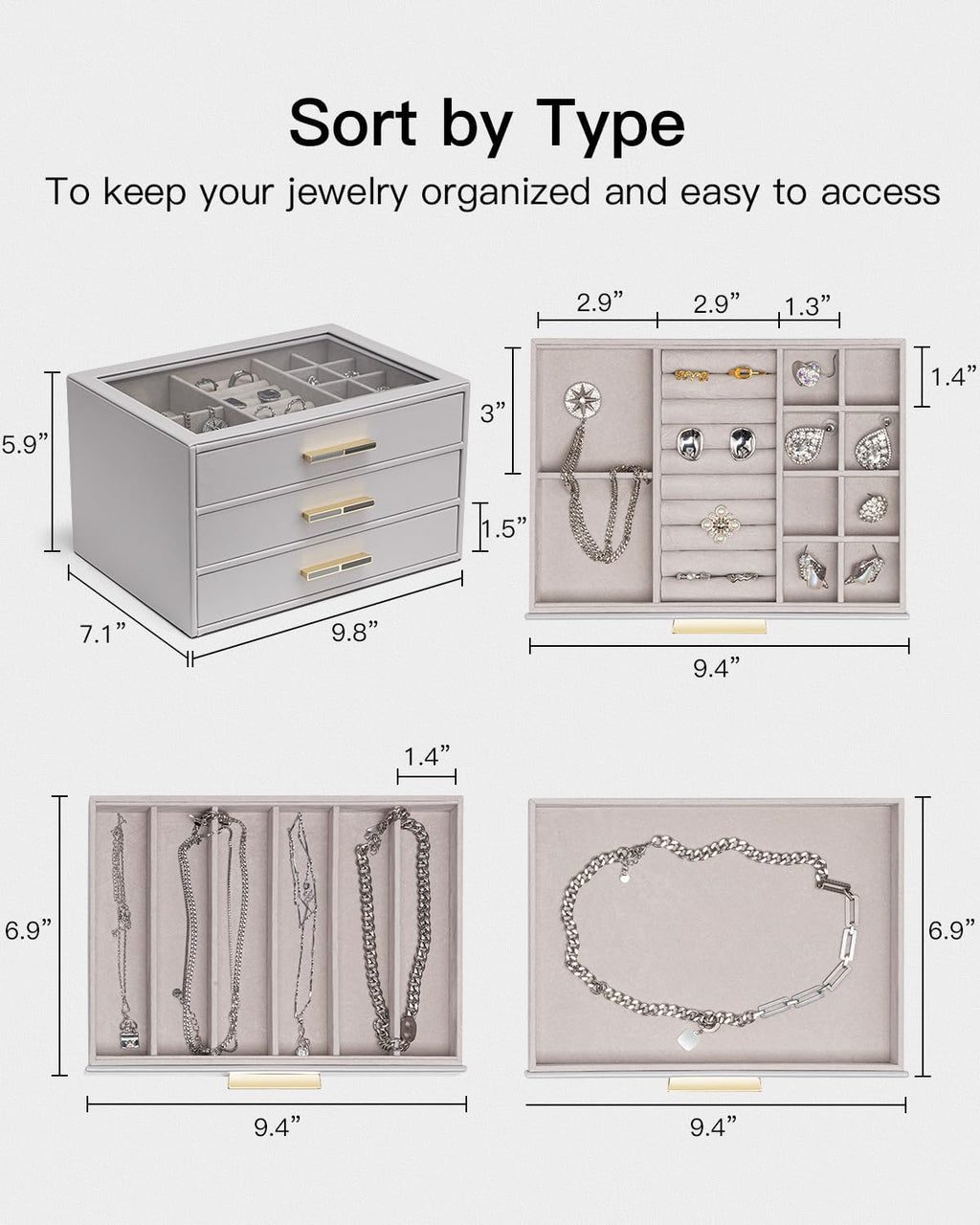 VLANDO Cinderella‑3 drawers Quiet Luxe 3‑Layer Glass Lid Jewelry Box Organizer