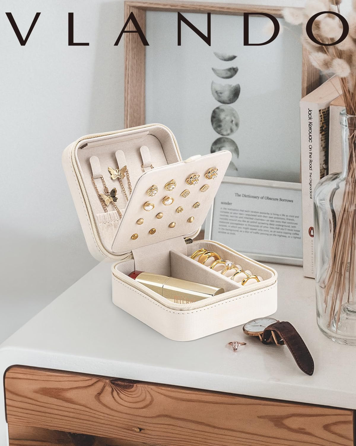 VLANDO Macaron‑Ear Stud Plate Macaron Regular – Small Portable Travel Jewelry Box Organizer