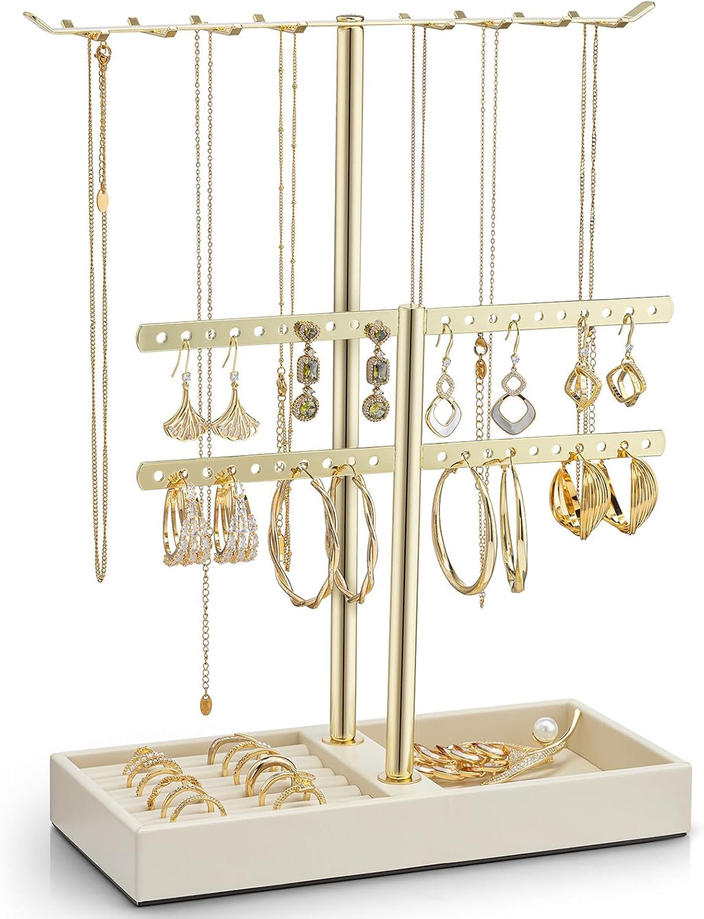 VLANDO 2-Tier Leather Jewelry Stand Organizer, Cloud White Jewelry Holder for Necklaces, Earrings, Bracelets & Rings US Exclusive Deal