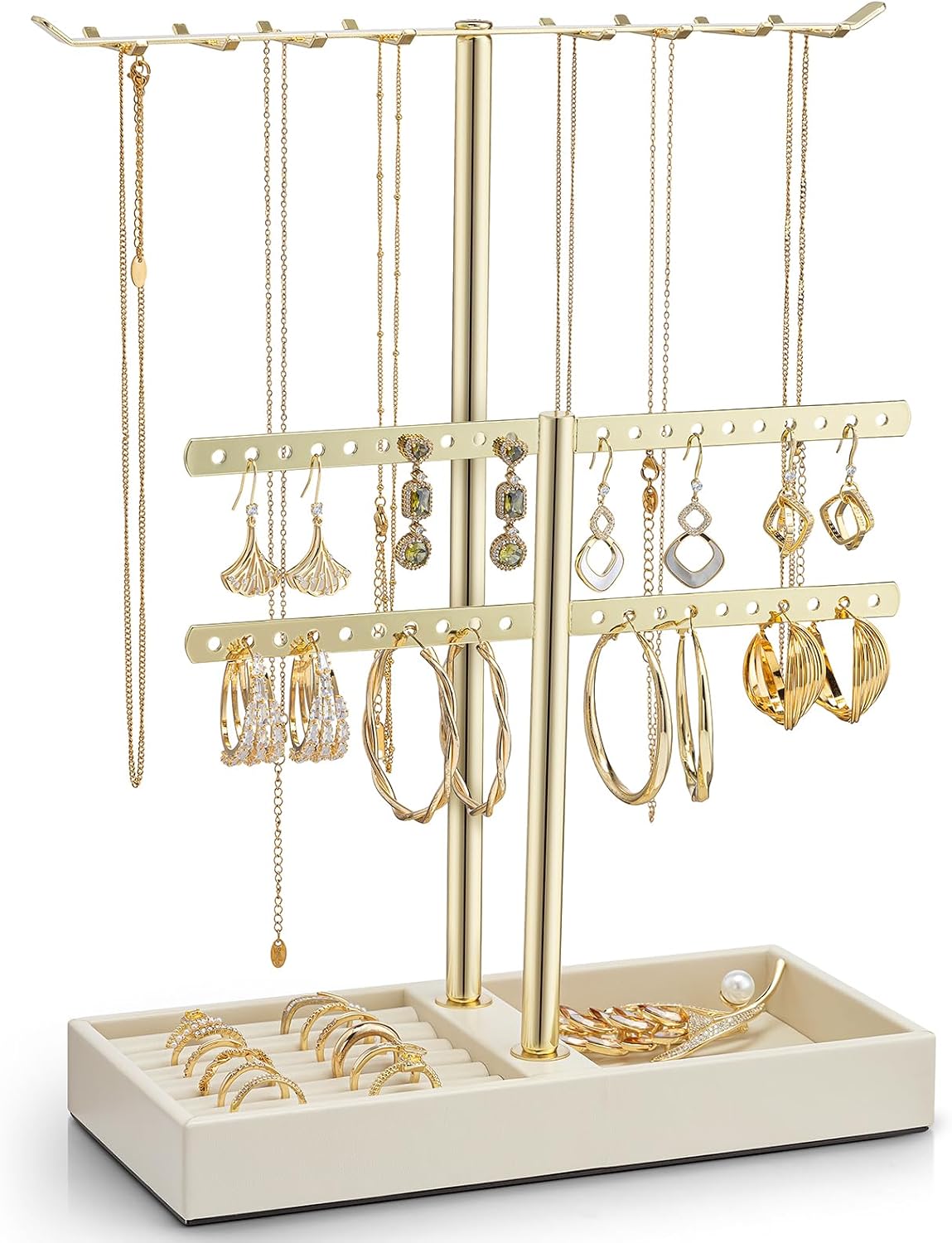 VLANDO 2-Tier Leather Jewelry Stand Organizer, Cloud White Jewelry Holder for Necklaces, Earrings, Bracelets & Rings US Exclusive Deal