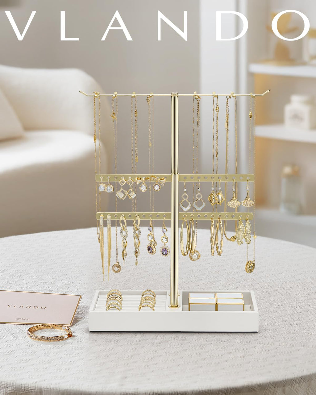 VLANDO 2-Tier Leather Jewelry Stand Organizer, Cloud White Jewelry Holder for Necklaces, Earrings, Bracelets & Rings US Exclusive Deal