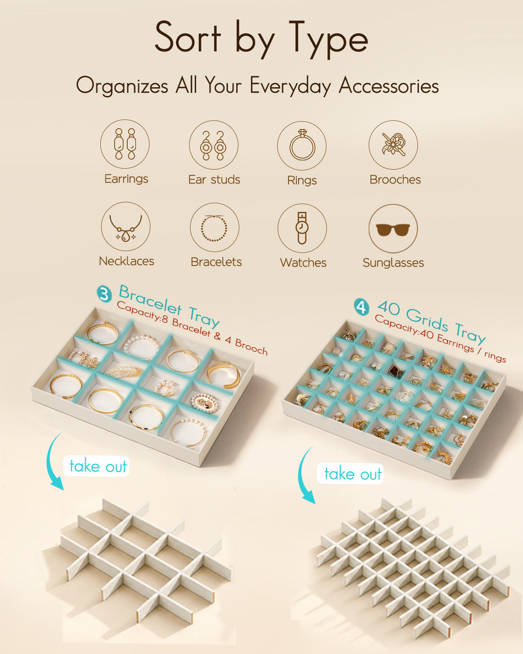 VLANDO Moments Stackable Jewelry Tray Set – 56-Grid, Bracelet, Jewelry & Glasses Tiers