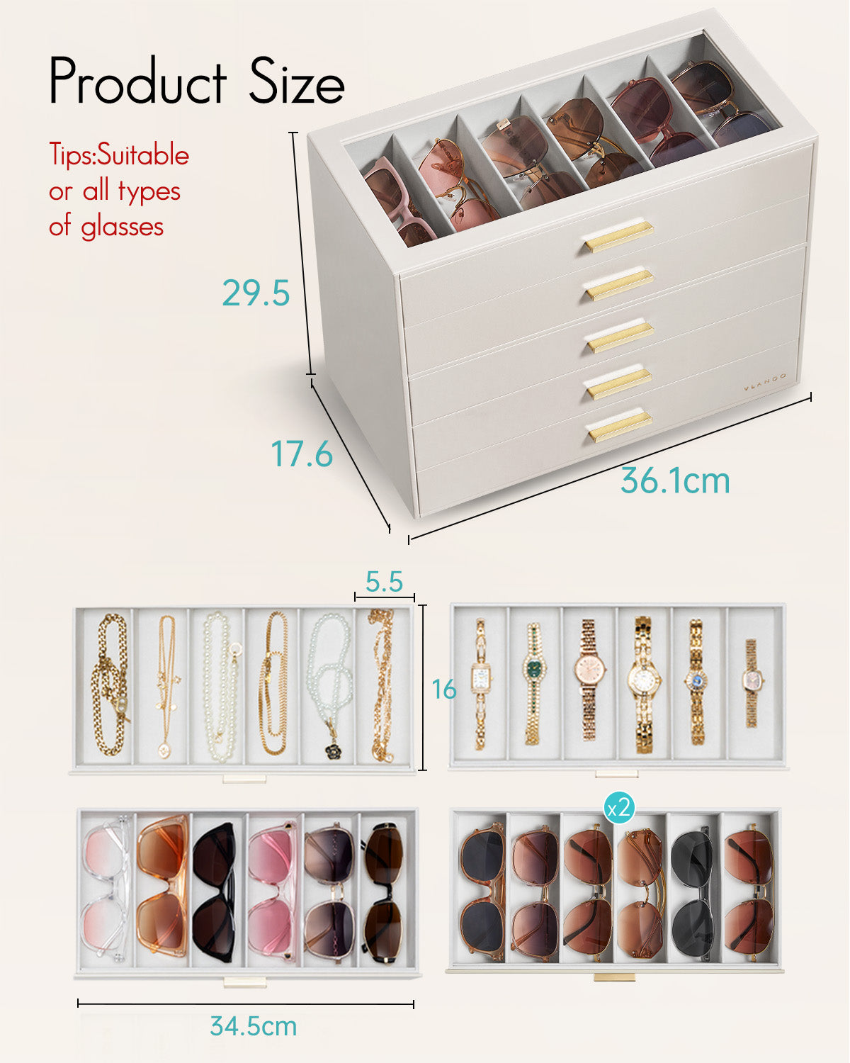 VLANDO Glasses Case 5-Layer, 30-Slot Sunglasses Organizer CasewithClear Lid & 5 Drawers