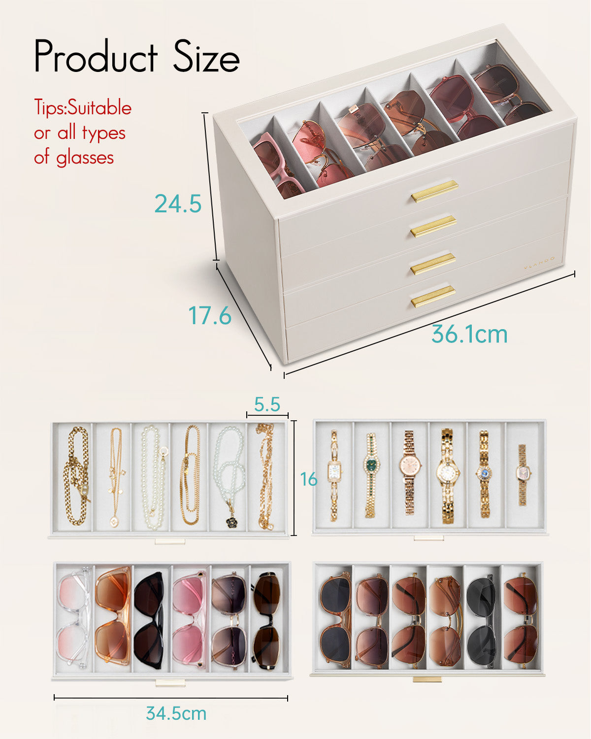 VLANDO Glasses Case 4-Layer, 24-Slot Sunglasses Organizer Casewith Clear Lid & 4 Drawers
