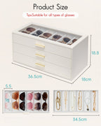 VLANDO Glasses Case 3‑Layer, 18‑Slot Sunglasses Organizer Case with Clear Lid & 3 Drawers