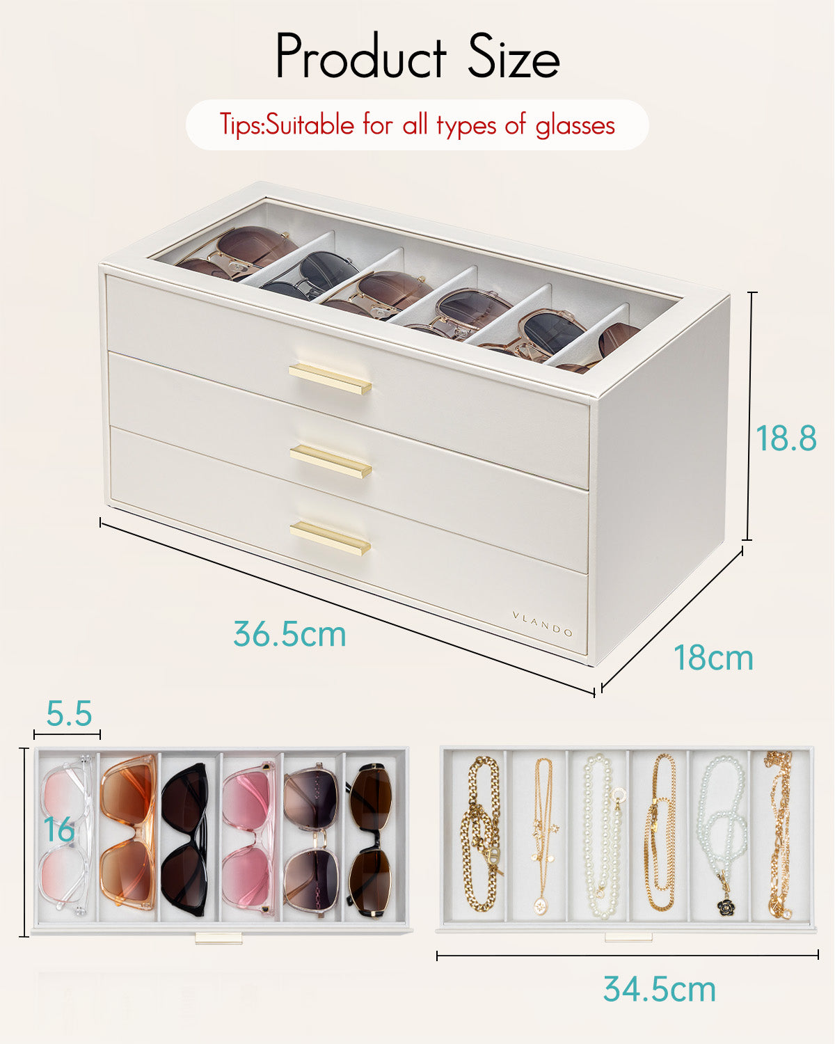 VLANDO Glasses Case 3‑Layer, 18‑Slot Sunglasses Organizer Case with Clear Lid & 3 Drawers