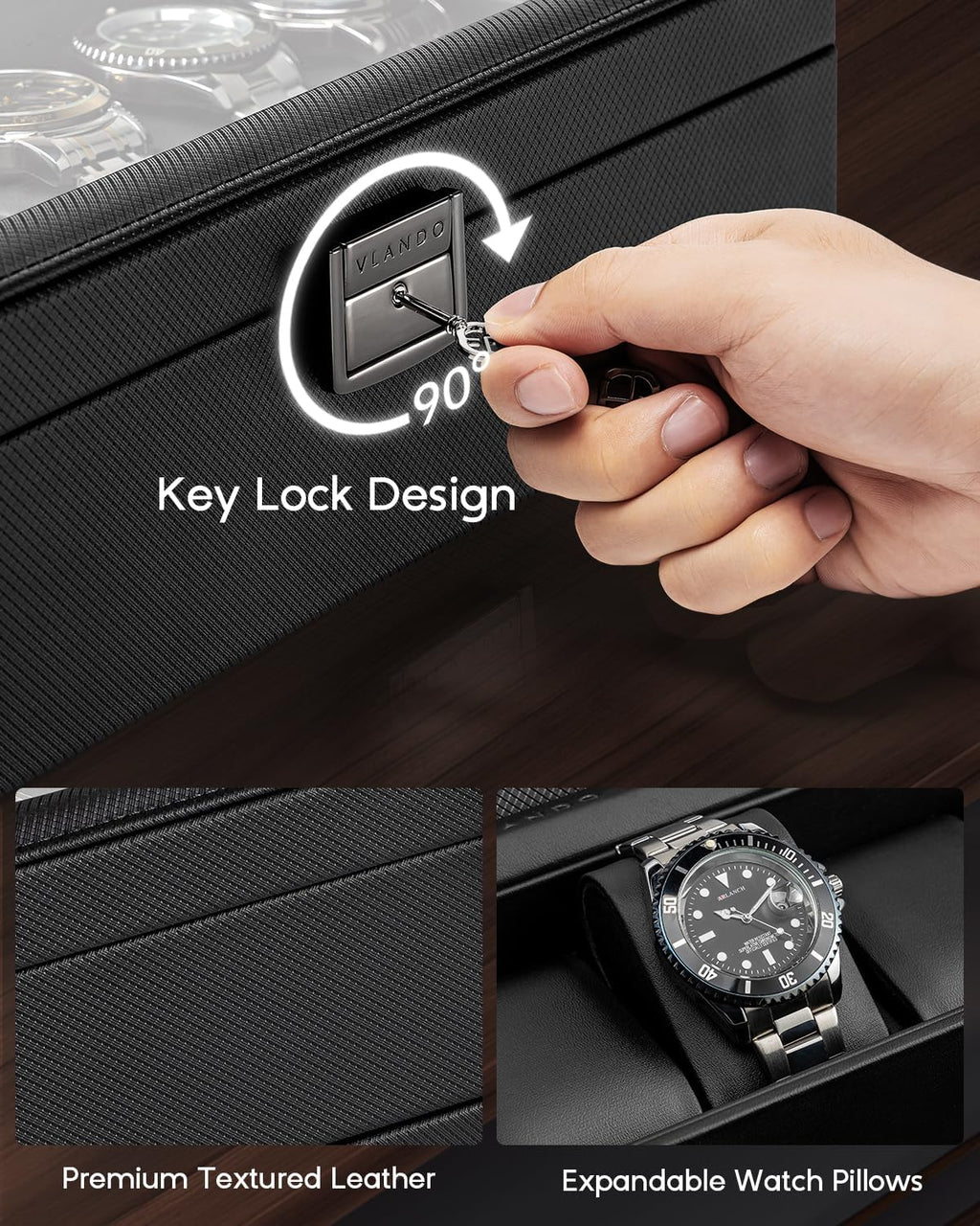 VLANDO 6‑bit watch box with ring holder 6‑Slot Lockable Watch Box Organizer with Glass Lid & Removable Tray