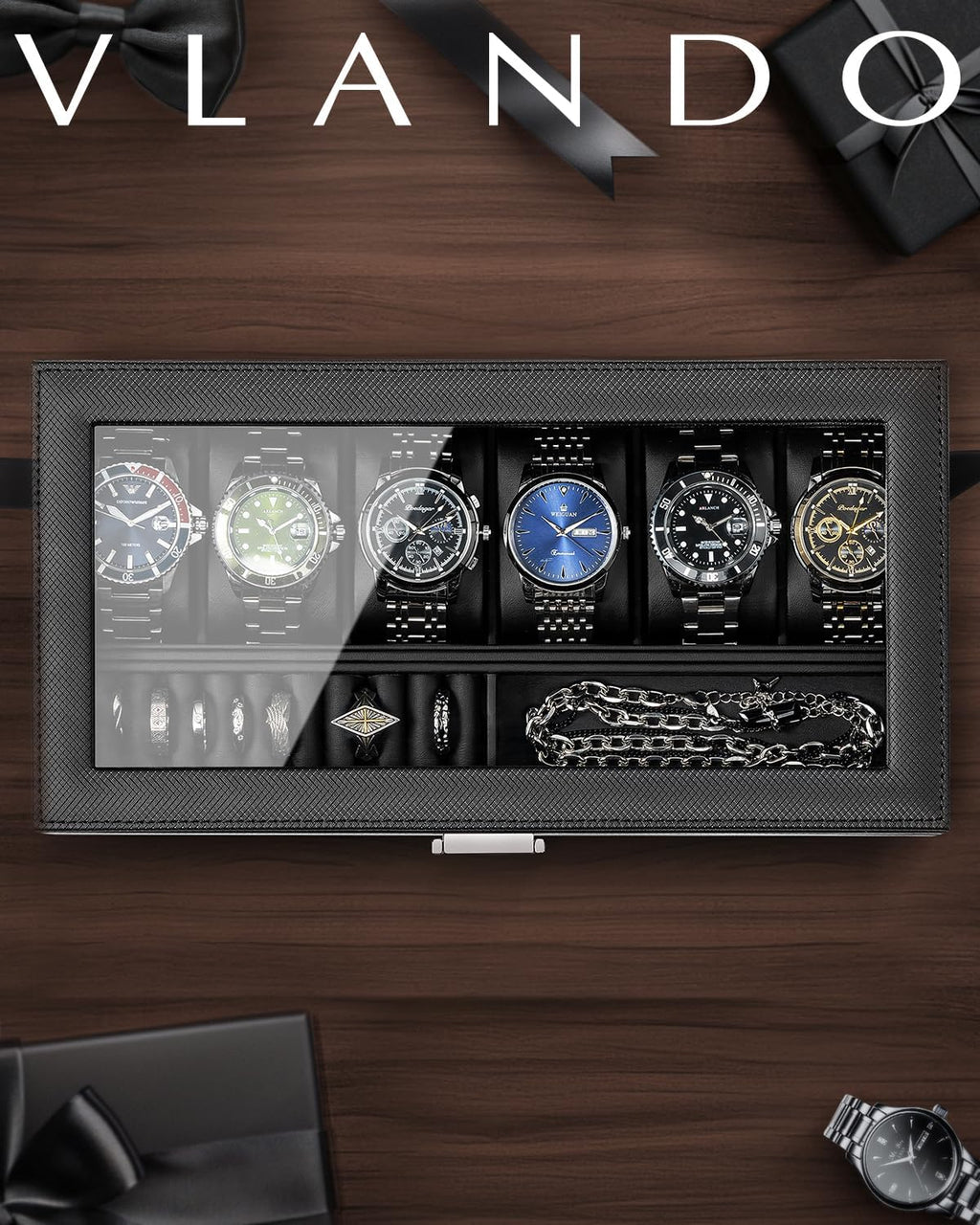 VLANDO 6‑bit watch box with ring holder 6‑Slot Lockable Watch Box Organizer with Glass Lid & Removable Tray