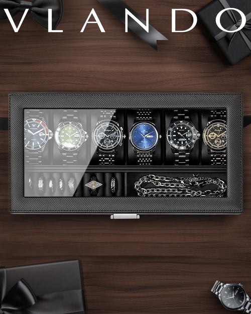 VLANDO 6‑bit watch box with ring holder 6‑Slot Lockable Watch Box Organizer with Glass Lid & Removable Tray