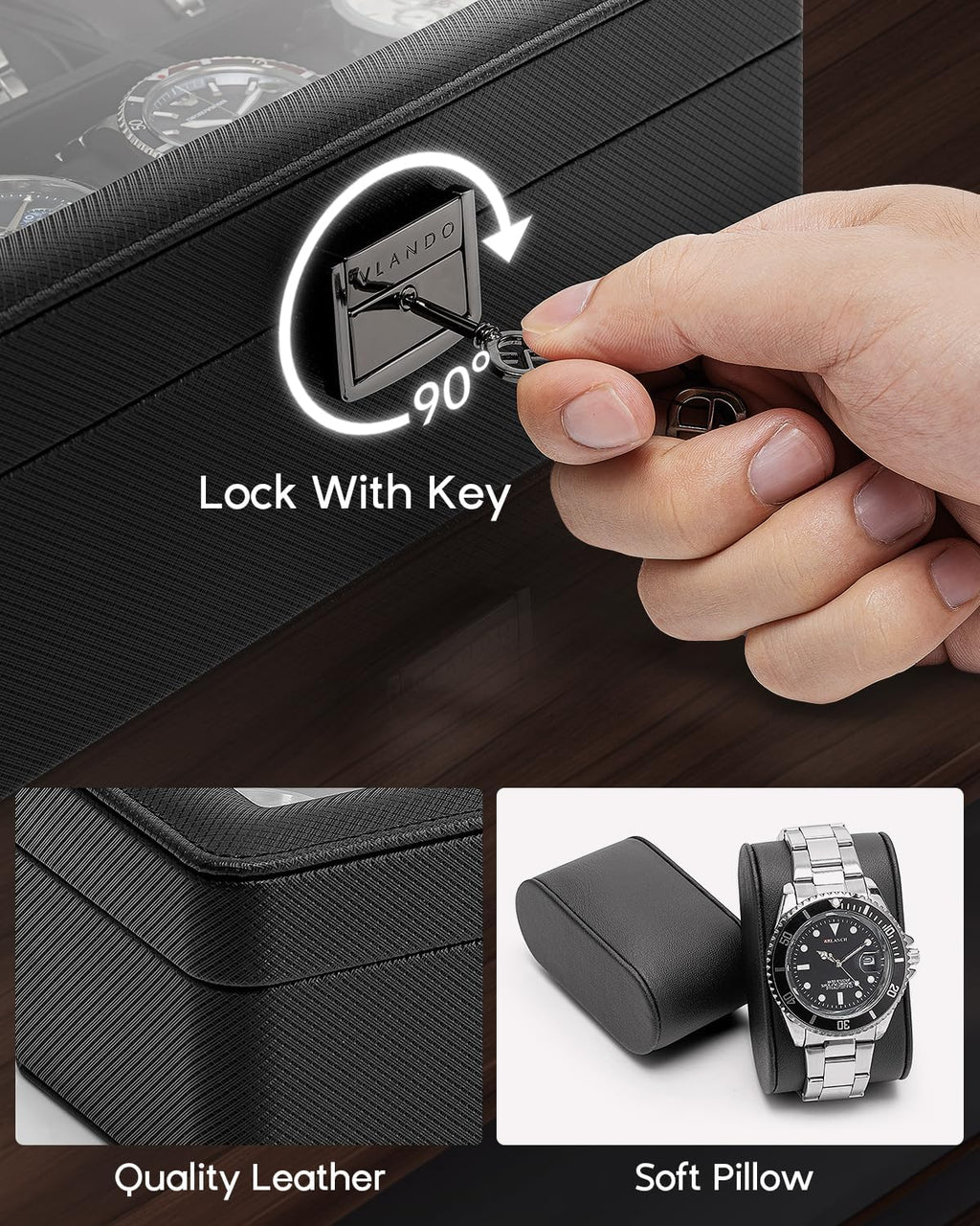 VLANDO 6-Slot Lockable Leather Watch Box with Glass Lid & Soft Pillows