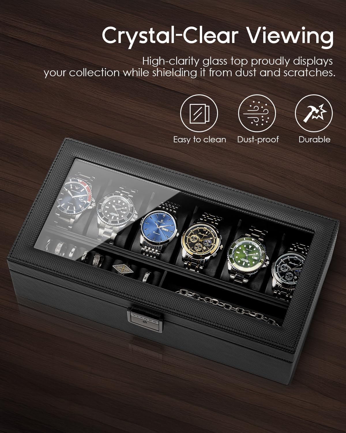 VLANDO 6‑bit watch box with ring holder 6‑Slot Lockable Watch Box Organizer with Glass Lid & Removable Tray