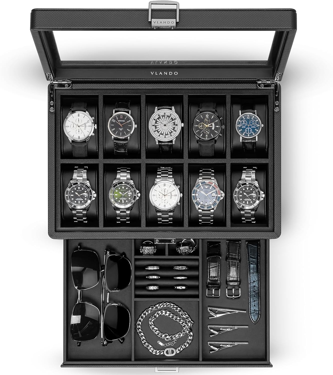 VLANDO 10-Slot Lockable Watch Box for Men | Glass Lid Watch Case