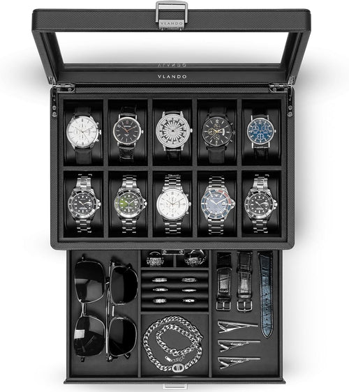 VLANDO 10-Slot Lockable Watch Box for Men | Glass Lid Watch Case