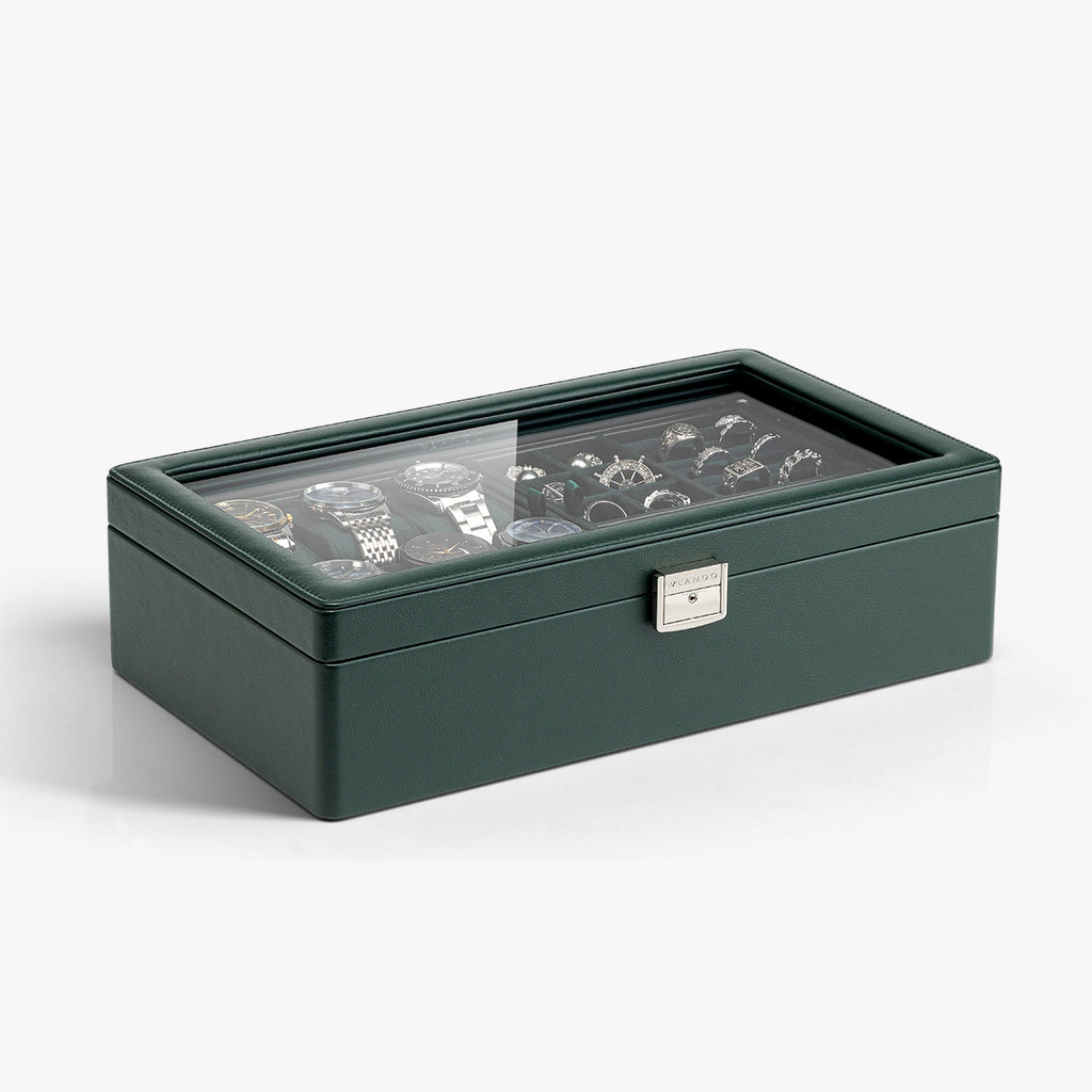 VLANDO Large 6-Slot Lockable Watch Box Organizer with Glass Lid & Accessory Storage
