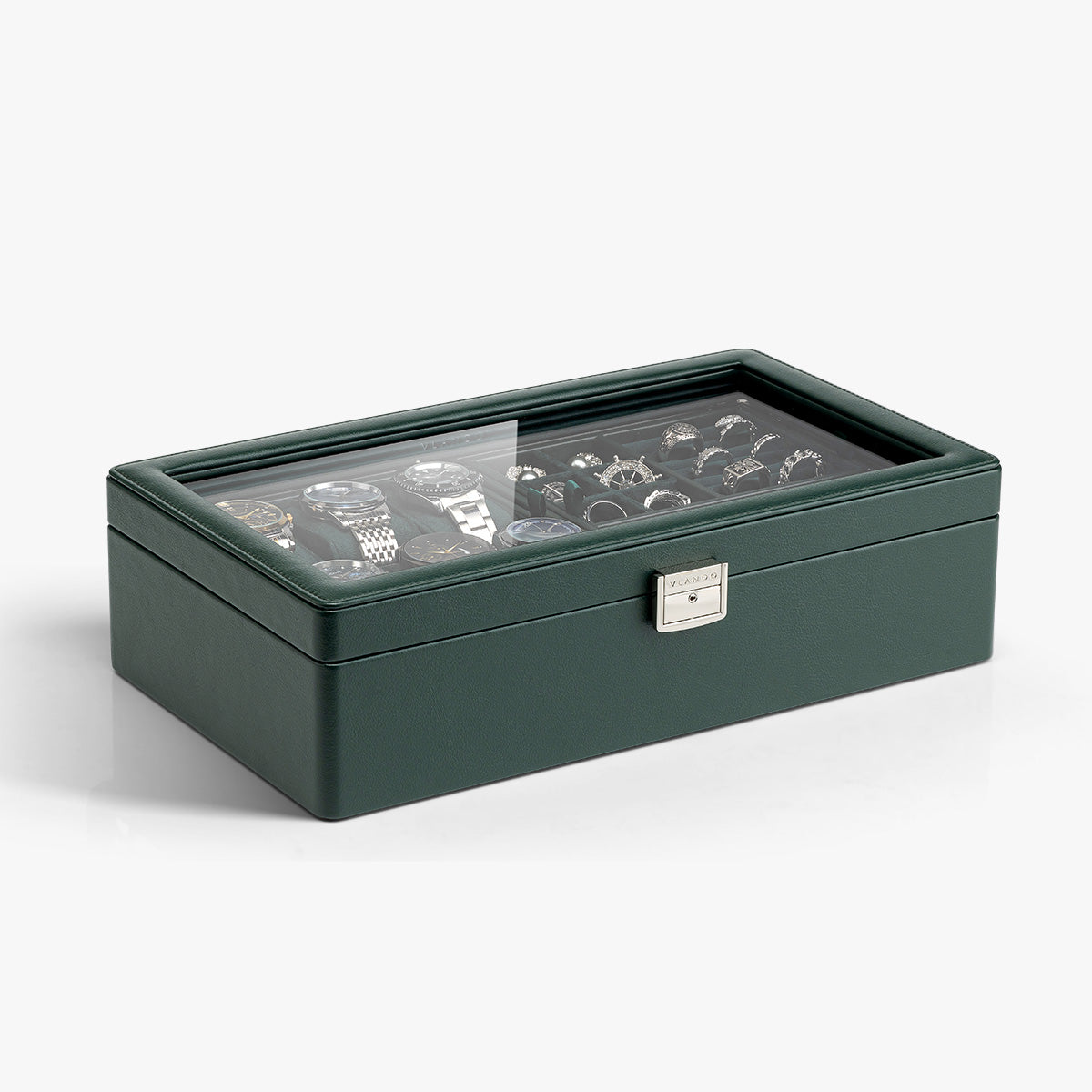 VLANDO Large 6-Slot Lockable Watch Box Organizer with Glass Lid & Accessory Storage