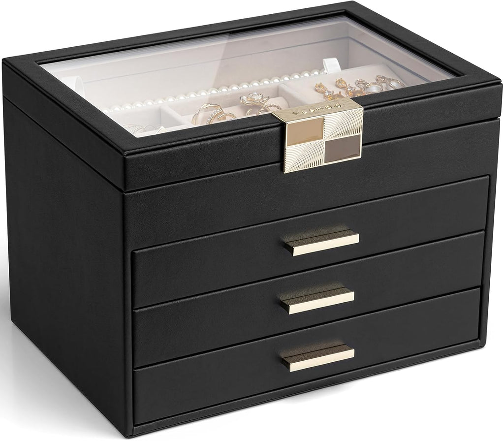 VLANDO Moonlit Mirror 4-Layer Jewelry Box with Glass Lid & Drawers