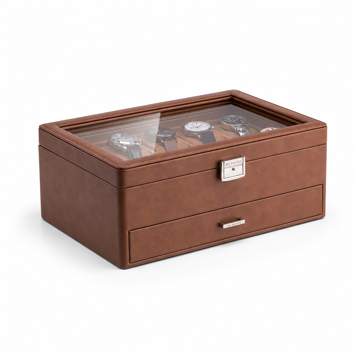 VLANDO 10-Slot Lockable Watch Box for Men | Glass Lid Watch Case