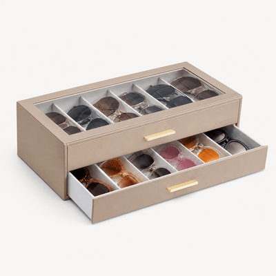 VLANDO 2-Layer Sunglasses Organizer Box with Glass Lid & Drawers
