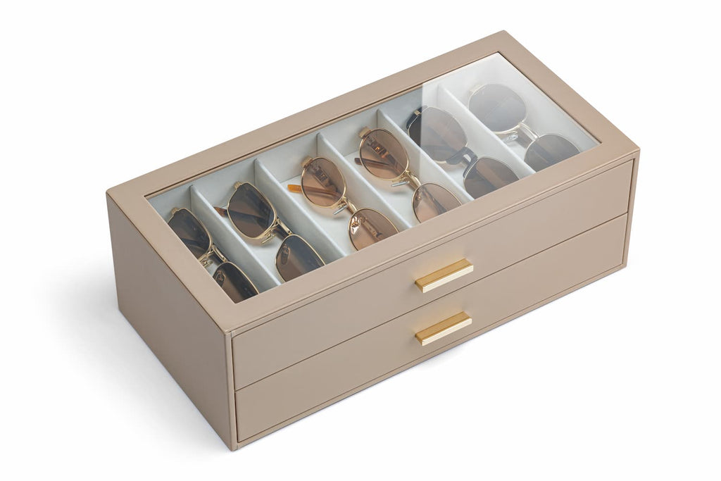 2-Layer Sunglasses Organizer Box with Glass Lid & Drawers