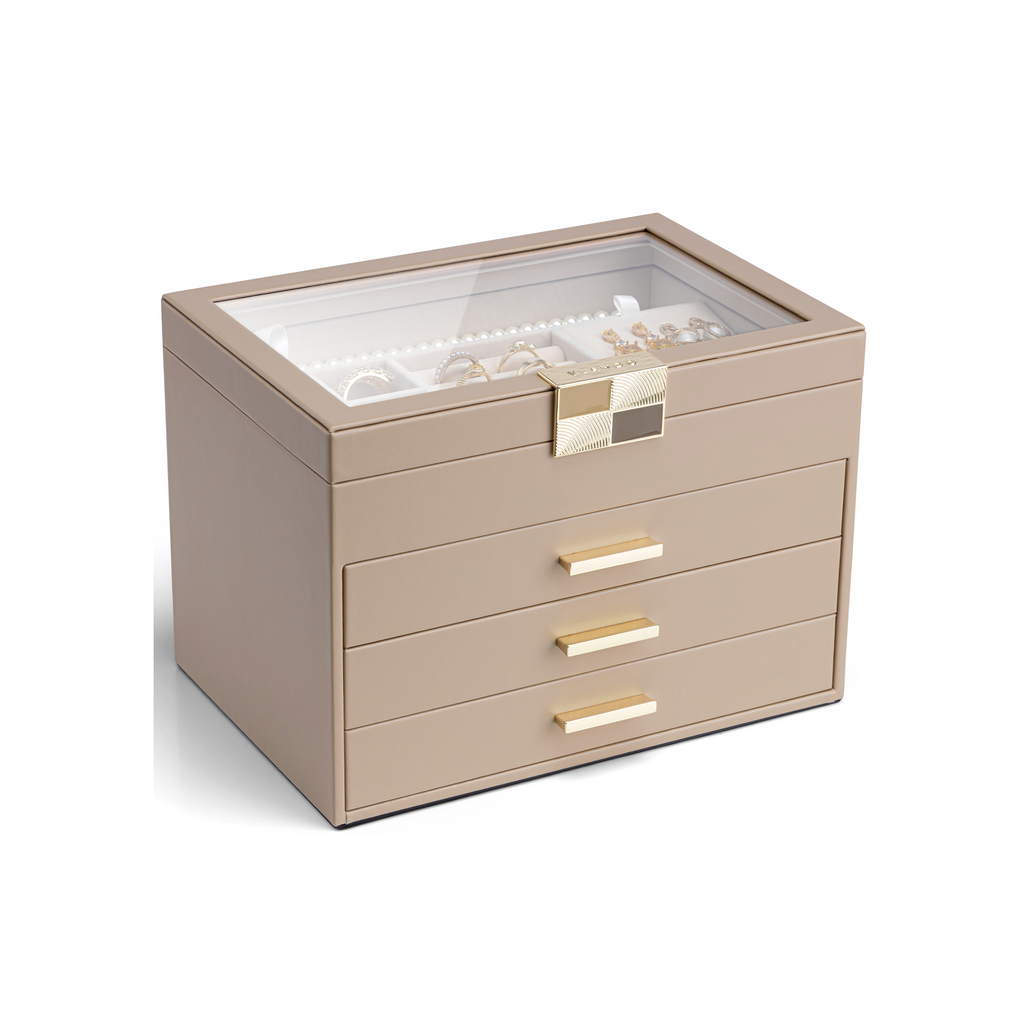 Beige four-layer jewelry box with glass display lid, gold latch and three velvet-lined drawers