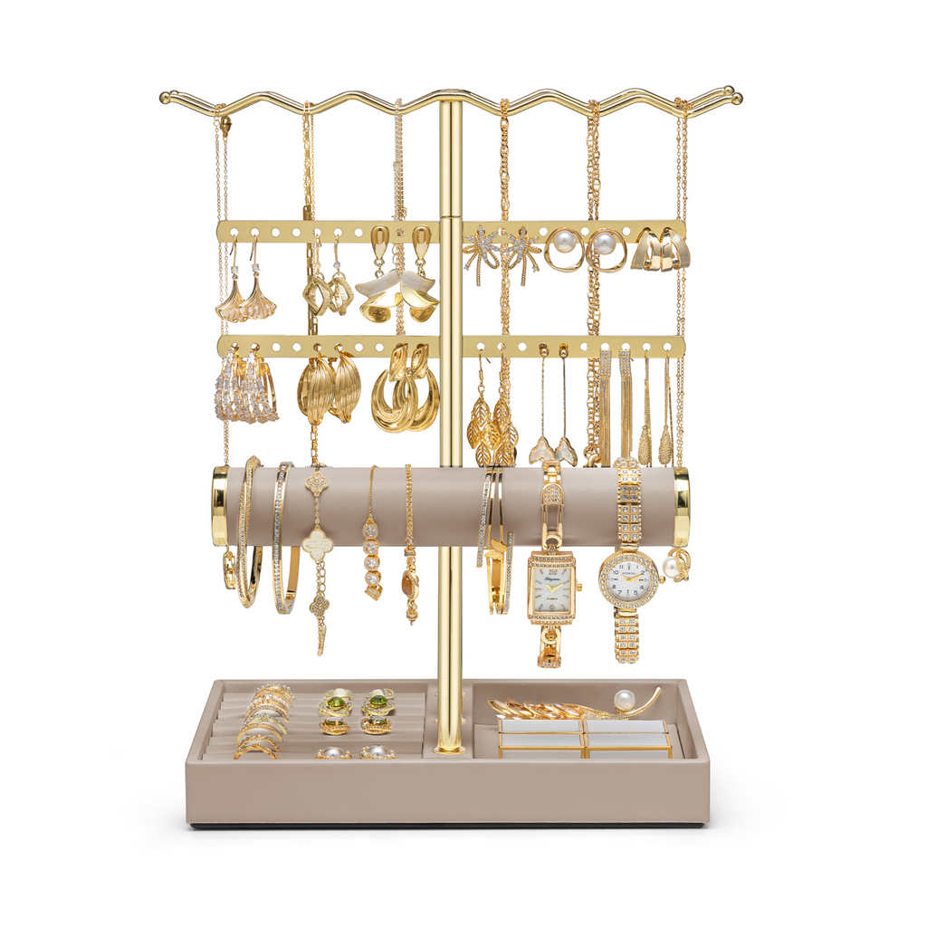 VLANDO 3-Tier Wave Jewelry Organizer Stand with Necklace Hooks, Earring Rack & Bracelet Bar