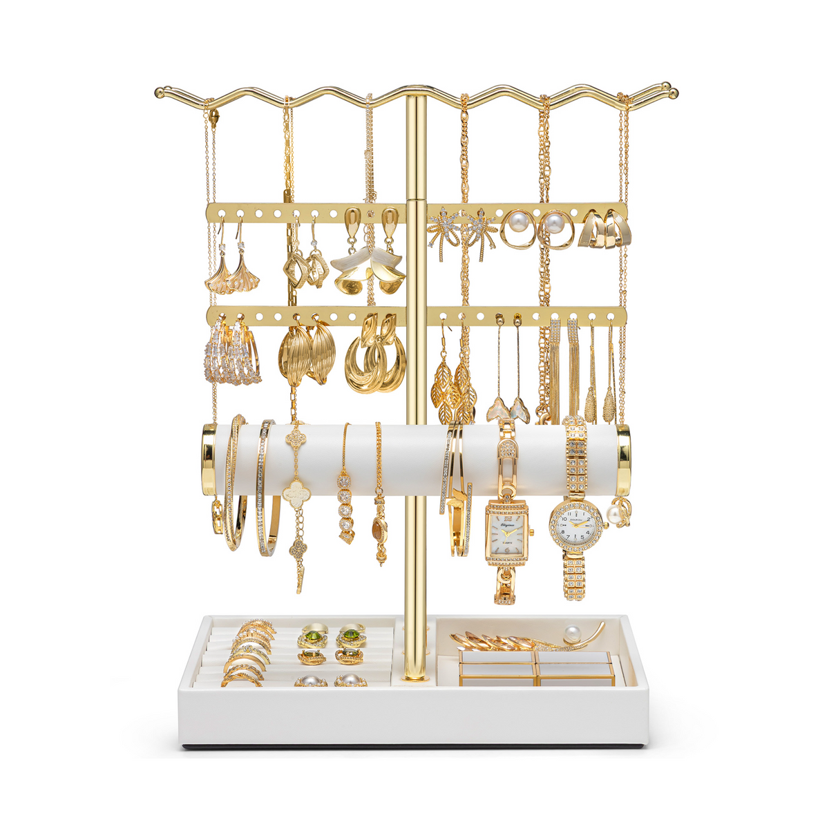VLANDO 3-Tier Wave Jewelry Organizer Stand with Necklace Hooks, Earring Rack & Bracelet Bar
