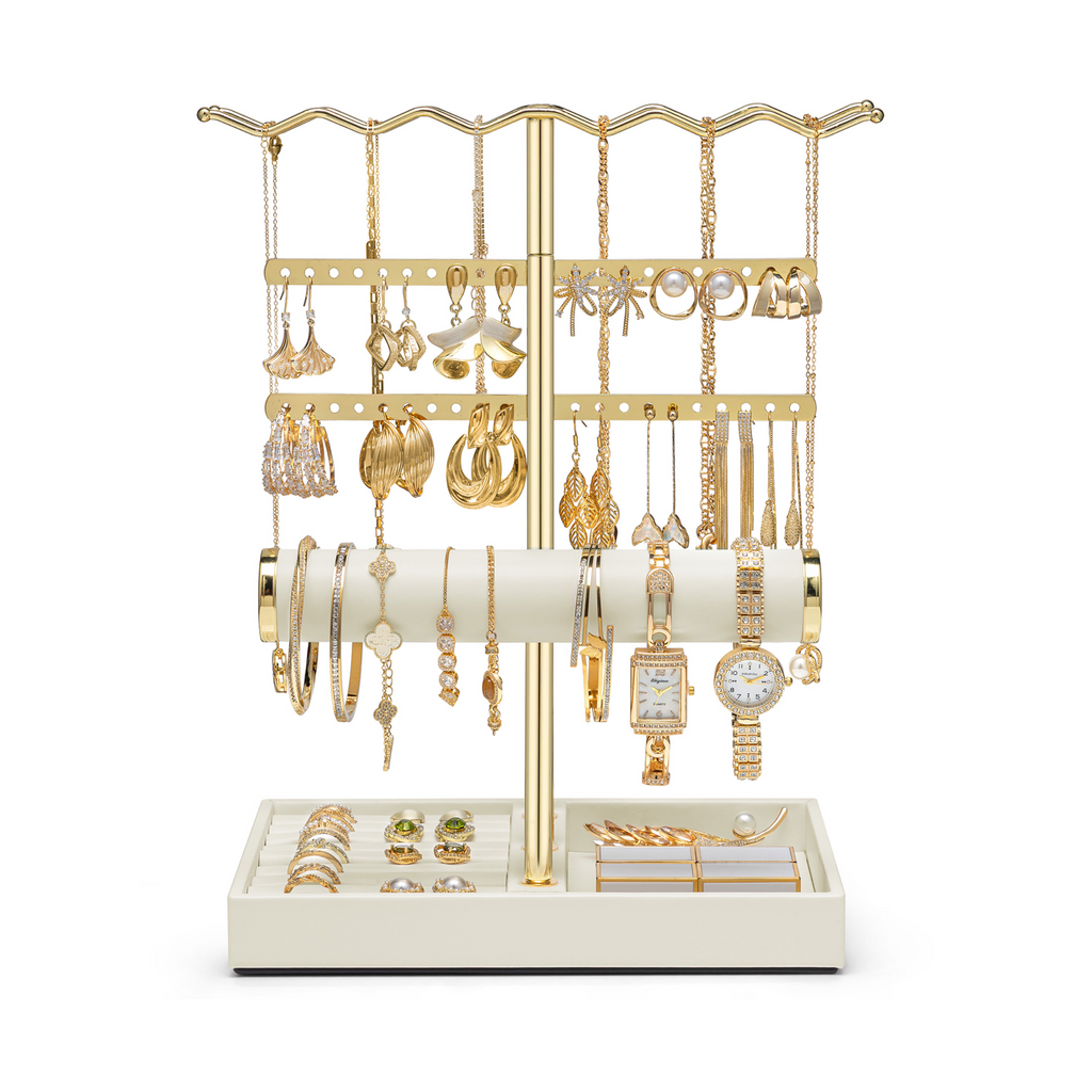 VLANDO 3-Tier Wave Jewelry Organizer Stand with Necklace Hooks, Earring Rack & Bracelet Bar