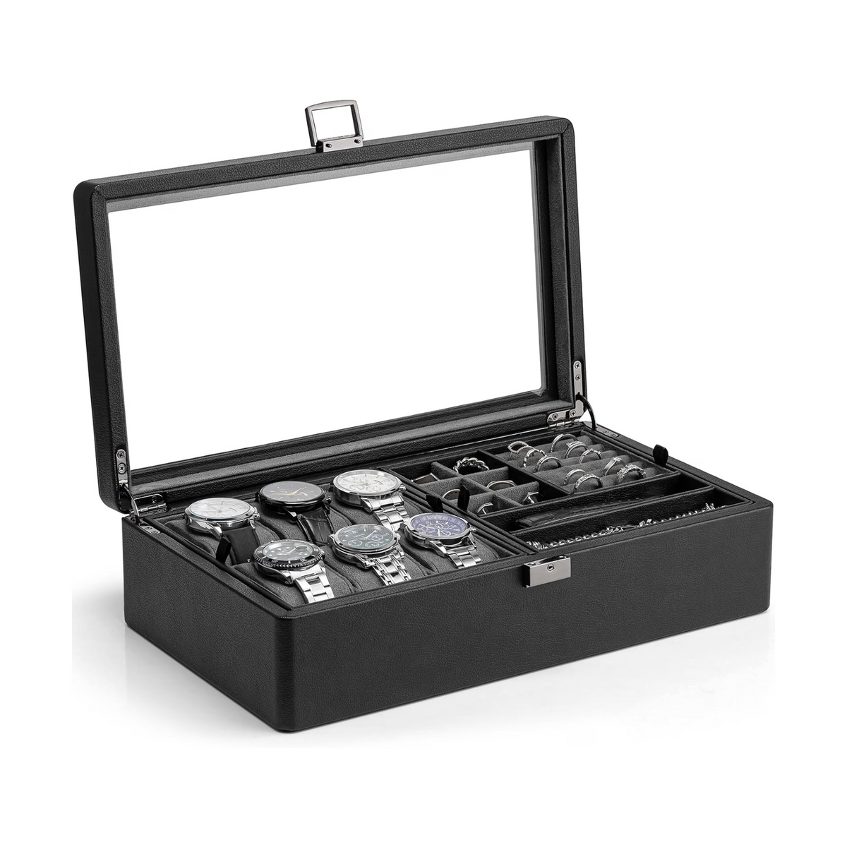 VLANDO Large 6-Slot Lockable Watch Box Organizer with Glass Lid & Accessory Storage