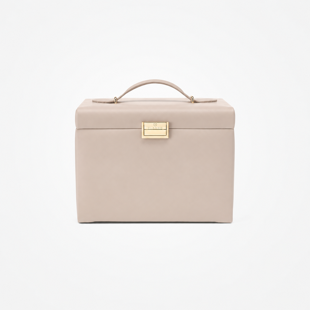 منظم صندوق مجوهرات كبير من VLANDO Quiet Luxe مكون من 4 طبقات مع مرآة وأدراج - حقيبة تخزين مجوهرات جلدية