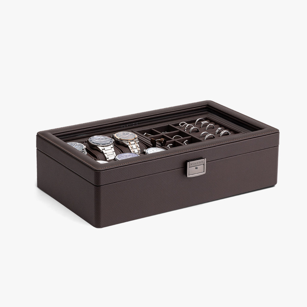 VLANDO Large 6-Slot Lockable Watch Box Organizer with Glass Lid & Accessory Storage